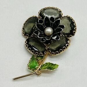 VTG JULIANA Smokey Topaz Flower Brooch Pin Green Gold Tone Glam Chunky Statement